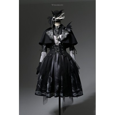Lilith House Wyrm Breath High Collar Blouse, Cape Vest, High Waist Skirt with Detachable Suspenders and Single Wing Brooch Set(Reservation/Full Payment Without Shipping)
